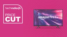 Amazon Fire TV 40" 2-Series HD smart TV on pink background with price cut sign