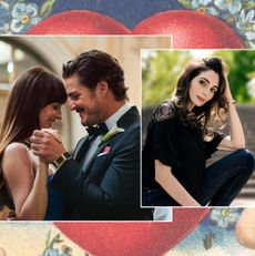 matchmaker liana bell and a still from the a24 movie materialists featuring dakota johnson and pedro pascal dancing together