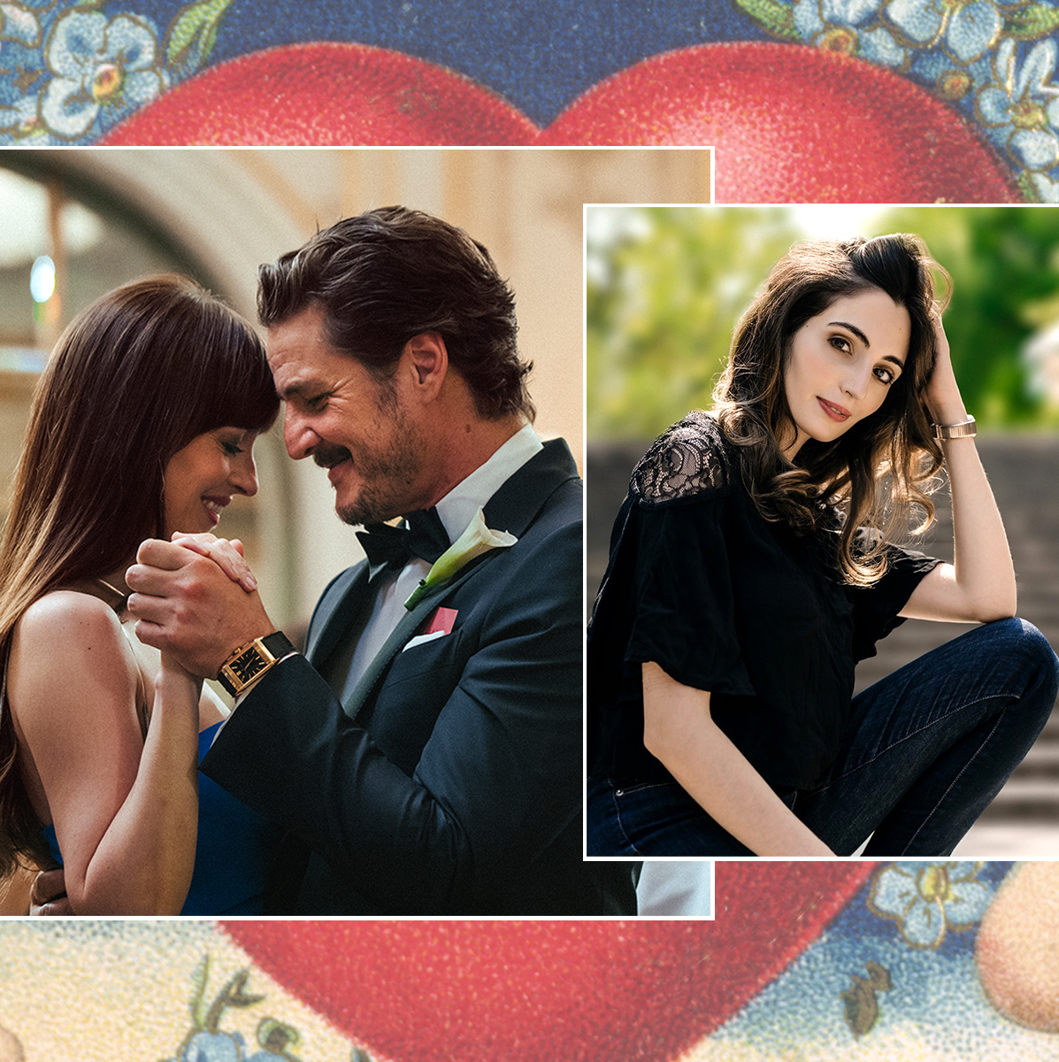 matchmaker liana bell and a still from the a24 movie materialists featuring dakota johnson and pedro pascal dancing together