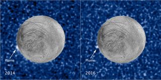 These composite photos, which combine images by NASA’s Hubble Space Telescope and Galileo spacecraft, show a suspected plume of material erupting two years apart from the same location on Jupiter's icy moon Europa. The images bolster evidence that the plumes are a real phenomenon, flaring up intermittently in the same region on the satellite.