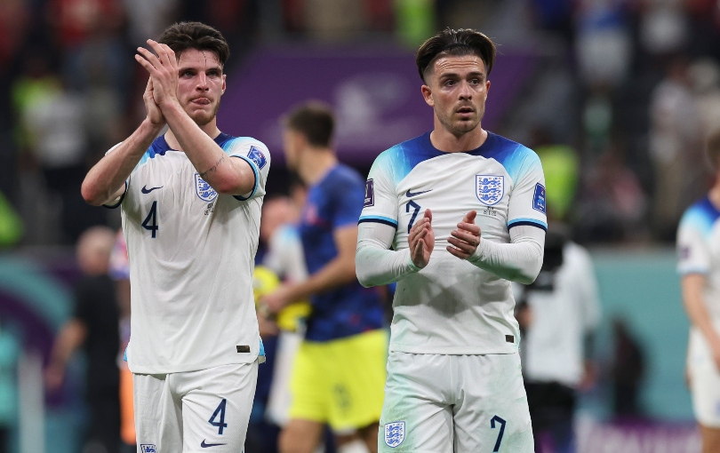 Declan Rice and Jack Grealish applaud the England fans