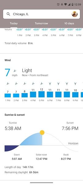 Wind, sunrise, and sunset information present on the live build of Google Weather.