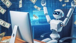 A robot sat on a desk with a computer throwing money in the air