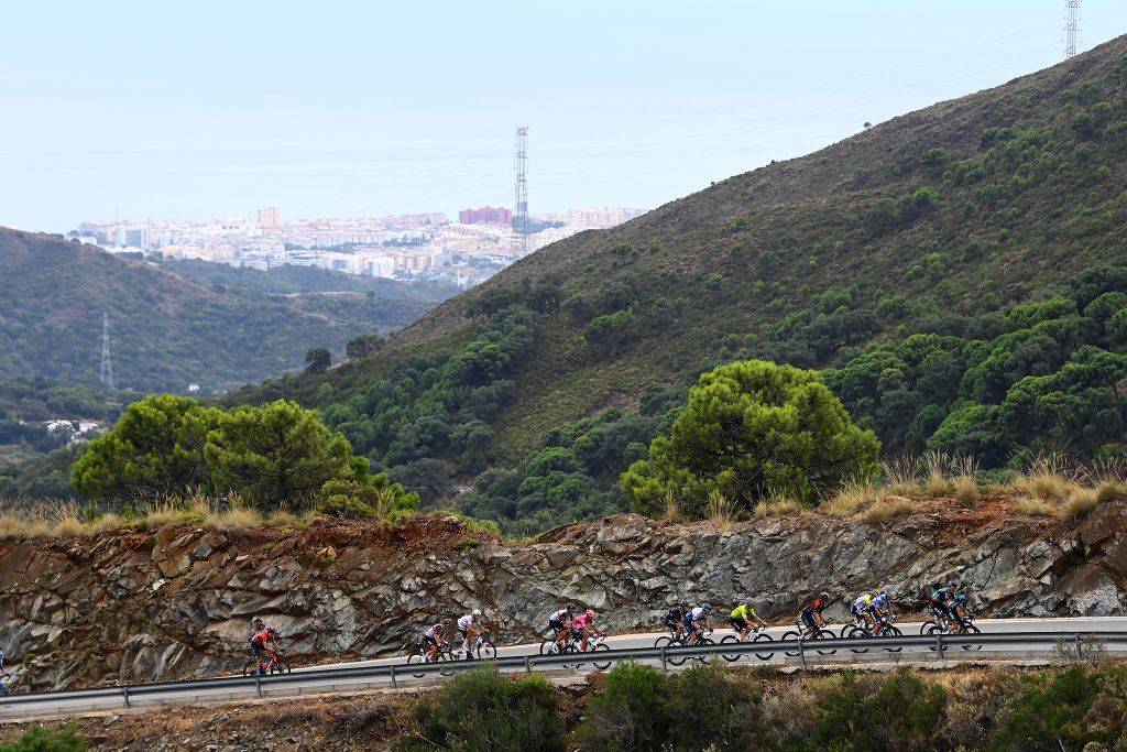 ESTEPONA SPAIN SEPTEMBER 01 Matteo Fabbro of Italy and Team Bora Hansgrohe Richard Carapaz of Ecuador and Team INEOS Grenadiers Carl Fredrik Hagen of Norway and Team Israel Premier Tech Wilco Kelderman of Netherlands and Team Bora Hansgrohe Marco Brenner of Germany and Team DSM Marc Soler Gimenez of Spain and UAE Team Emirates Jay Vine of Australia and Team AlpecinDeceuninck Polka Dot Mountain Jersey Jan Polanc of Slovenia and UAE Team Emirates and Elie Gesbert of France and Team Arka Samsic compete in the breakaway climbing to the Peas Blancas 1260m during the 77th Tour of Spain 2022 Stage 12 a 1927km stage from Salobrea Peas Blancas Estepona 1260m LaVuelta22 WorldTour on September 01 2022 in Estepona Spain Photo by Tim de WaeleGetty Images
