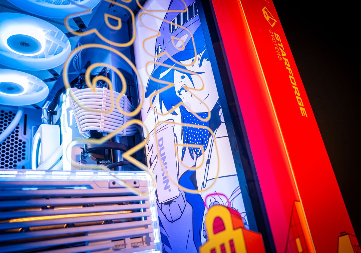 Dunkin's themed PC covered in anime girls.