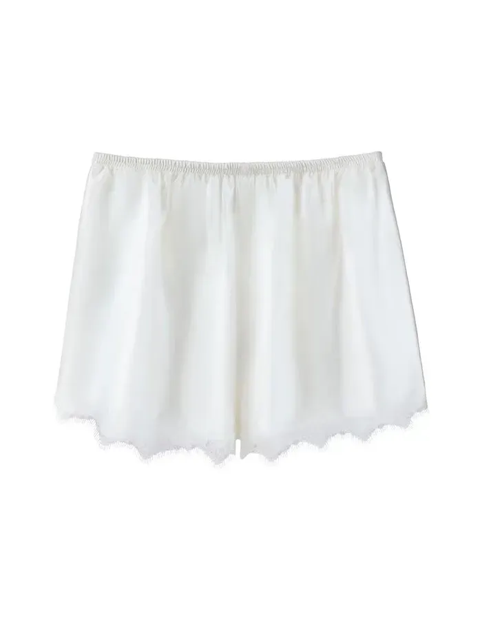 Uu Ben Women Mulberry Silk Shorts 100% Silk Pajama Lounge Shorts Lace Trim French Knickers Sleepwear Bloomer for Women White