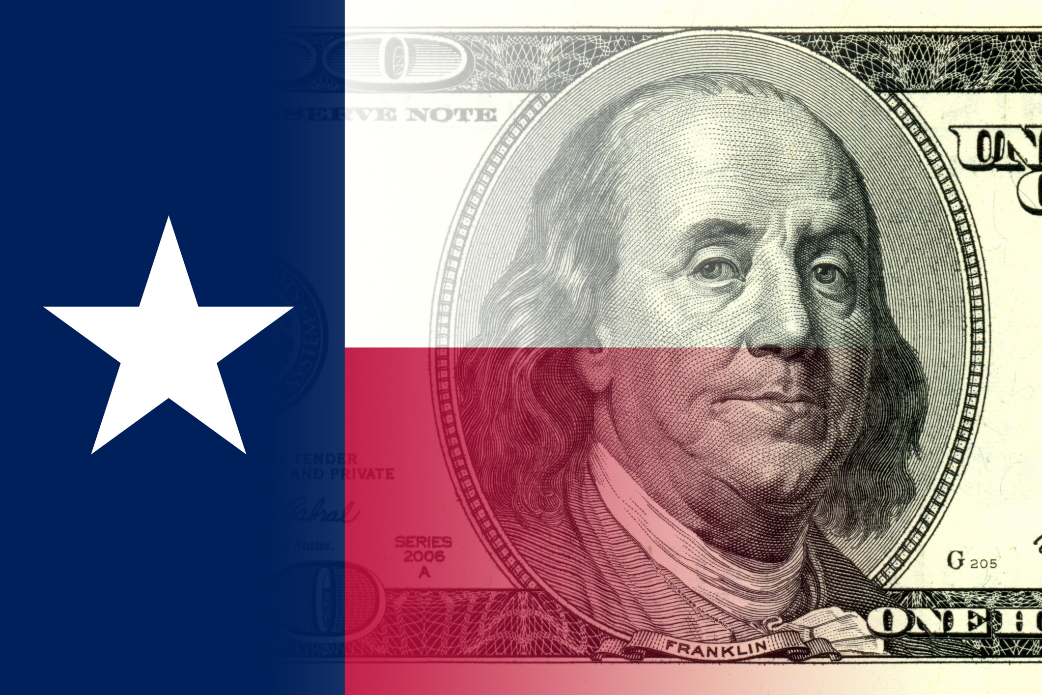 one-hundred dollar bill in the background of the Texas state flag