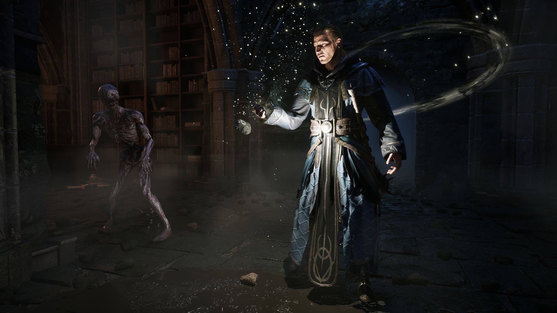 A wizard casts a spell while a jawless zombie looks on