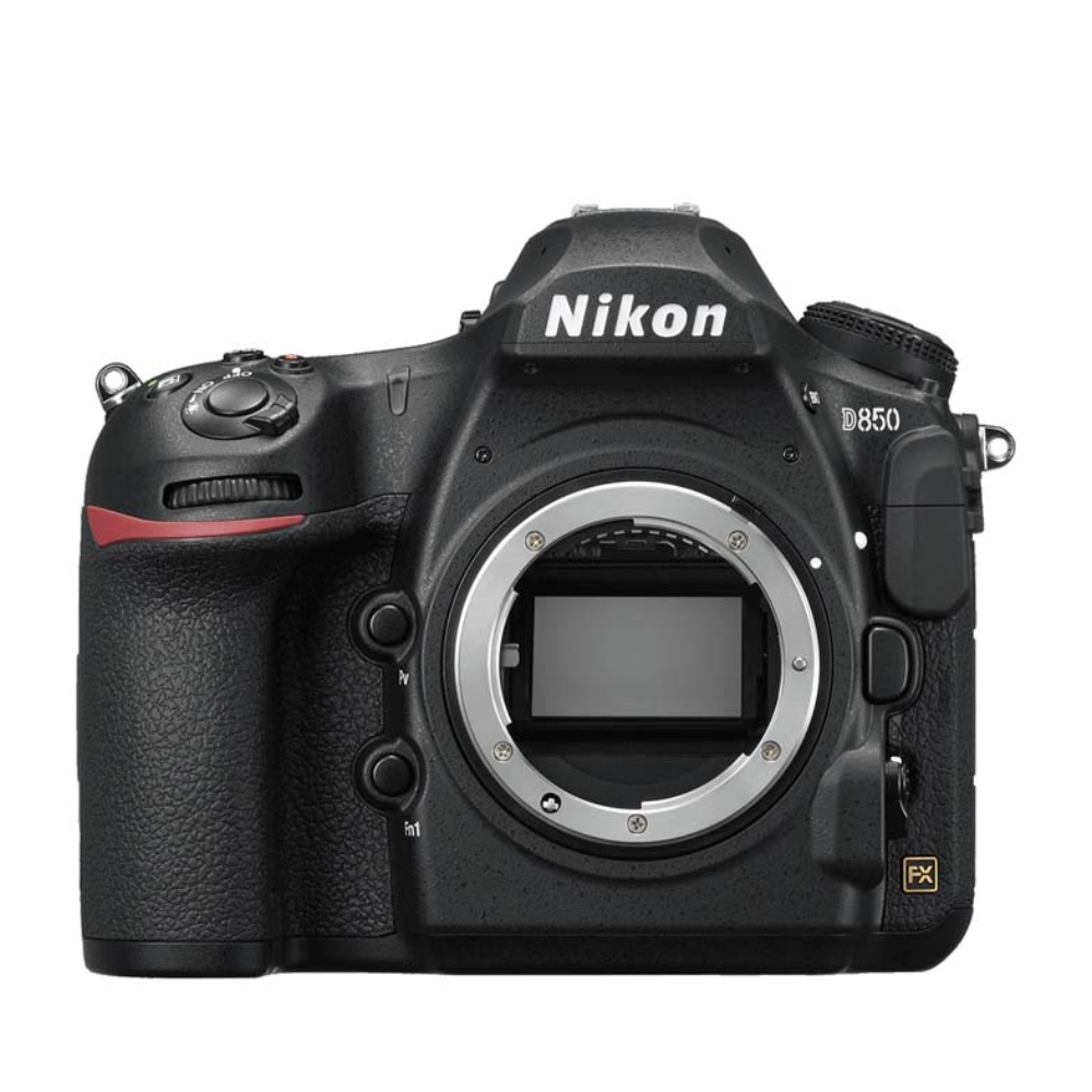 Nikon D850 DSLR camera on a white background