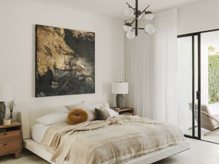 modern neutral bedroom with ceiling light, artwork, view to the outside, white floors
