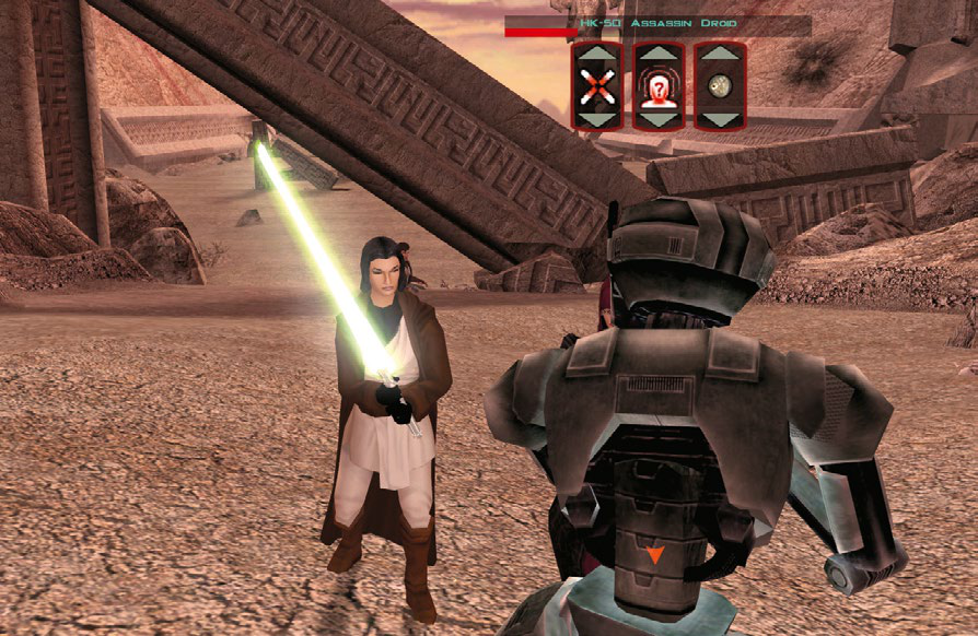 A robed figure with a lightsaber brandishes it at a robot.