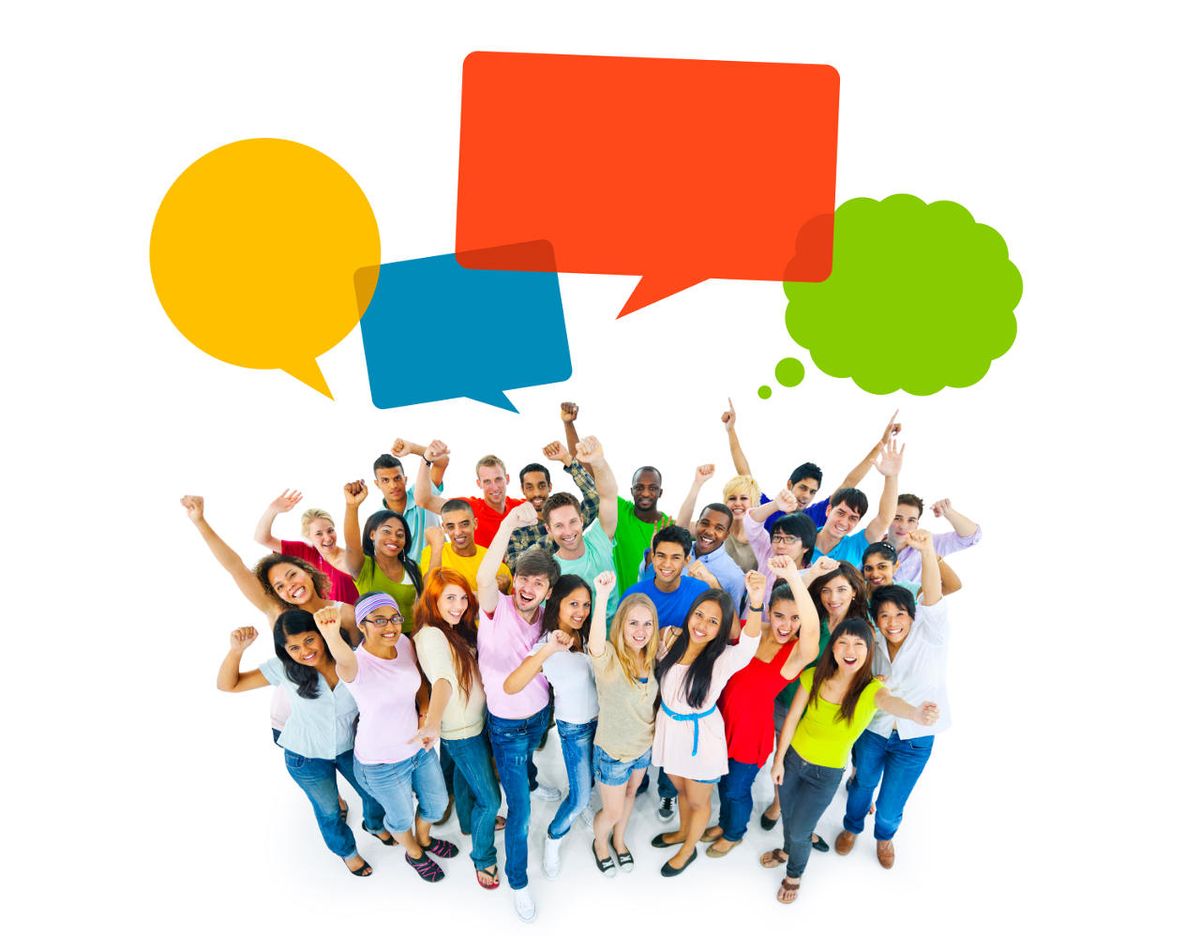 Crowd of friendly teens waves and raises arms in air beneath speech balloons.