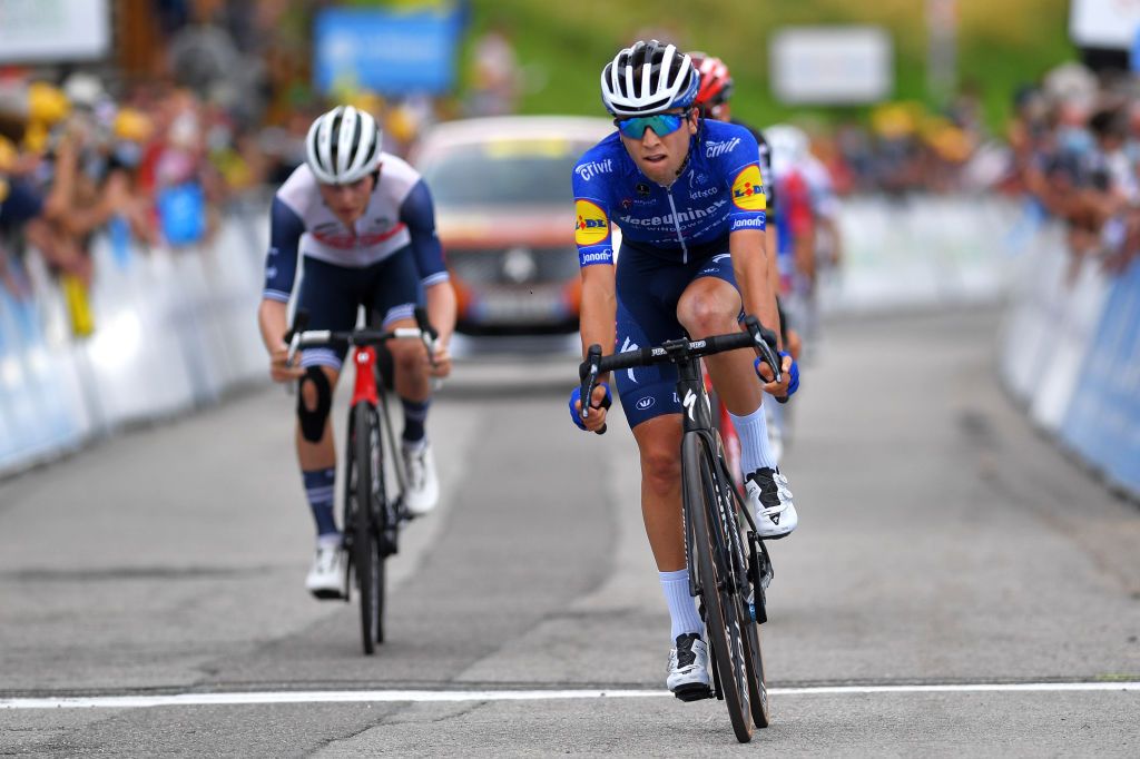 LLEX MONTSJURA FRANCE JULY 31 Andrea Bagioli of Italy and Team Deceuninck QuickStep sprint at arrival during the 33rd Tour de lAin 2021 Stage 3 a 125km stage from Izernore to Llex MontsJura 900m tourdelain on July 31 2021 in Llex MontsJura France Photo by Luc ClaessenGetty Images