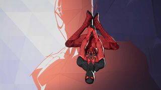 Scarlet Spider hanging upside down on a web