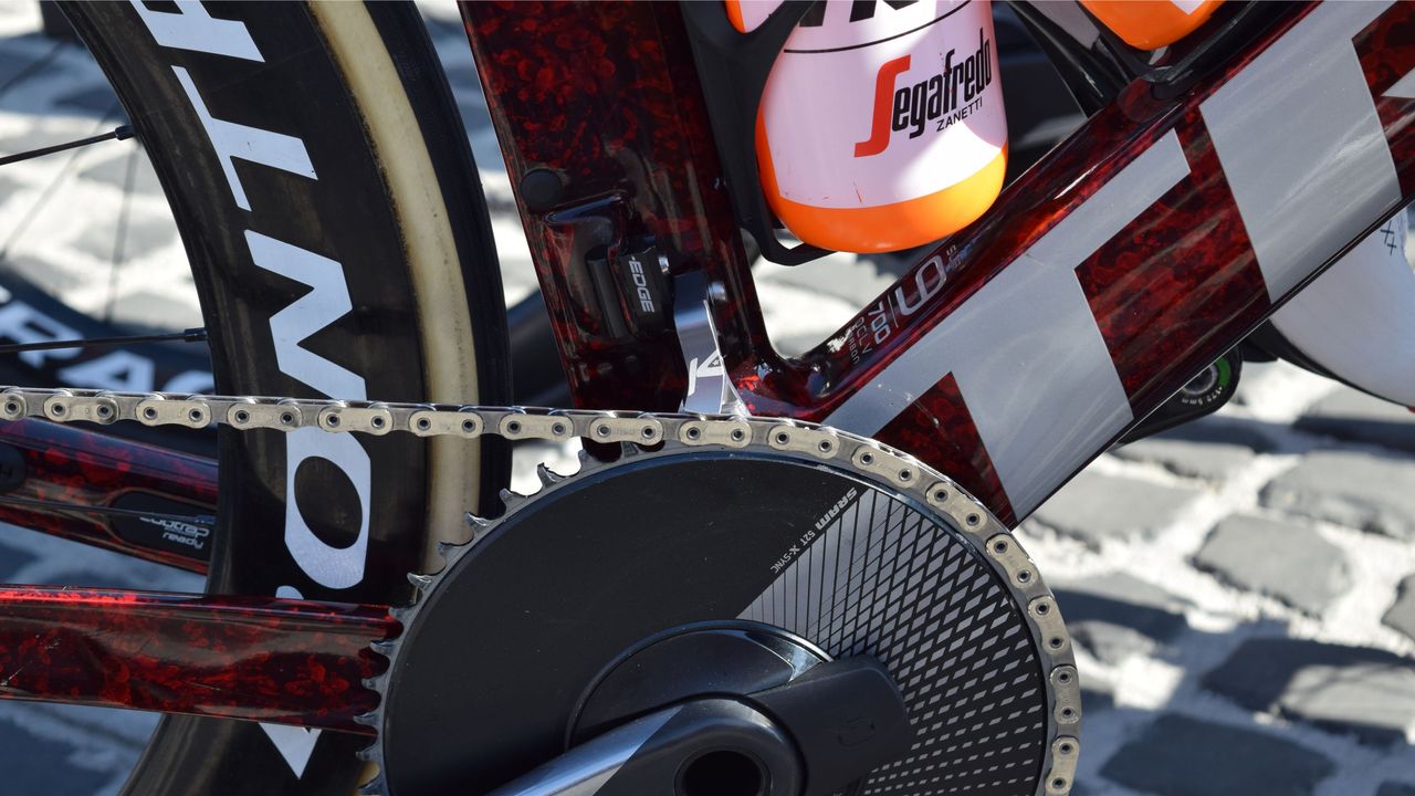 Mads Pedersen is the only Trek-Segafredo rider to continue using a 1X drivetrain setup along with a special chain catcher from K-Edge