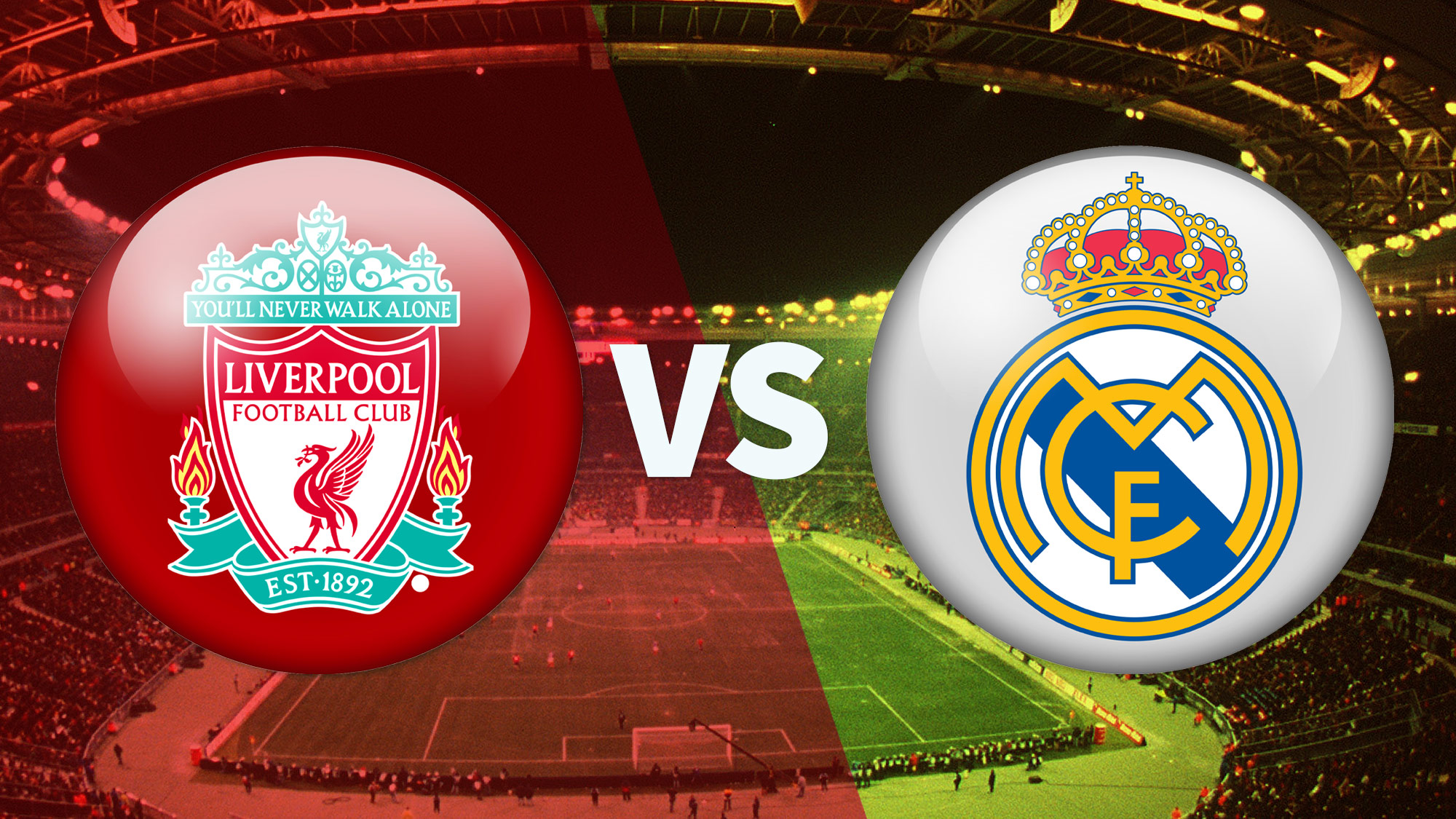 The Liverpool and Real Madrid badges against a backdrop of the Stade de France stadium in Paris