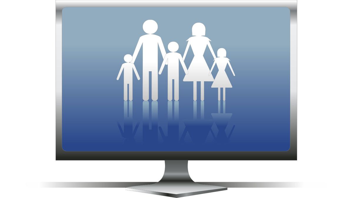 Illustration of family in silhouettes on computer monitor