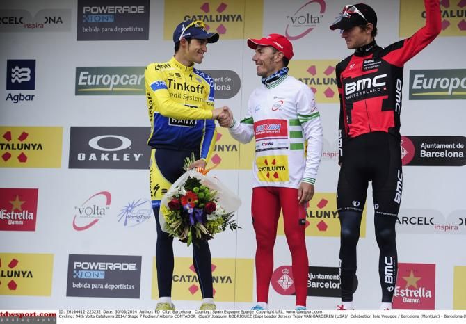 2014 Volta a Catalunya winner Joaquim Rodriguez shakes hands with second place finisher Alberto Contador
