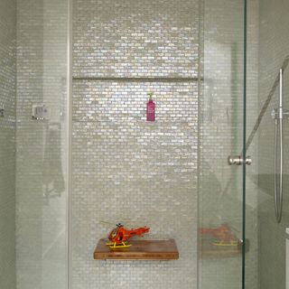 bathroom with glass door and toy