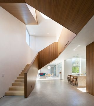 dramatic timber staircase at Radius House in LA