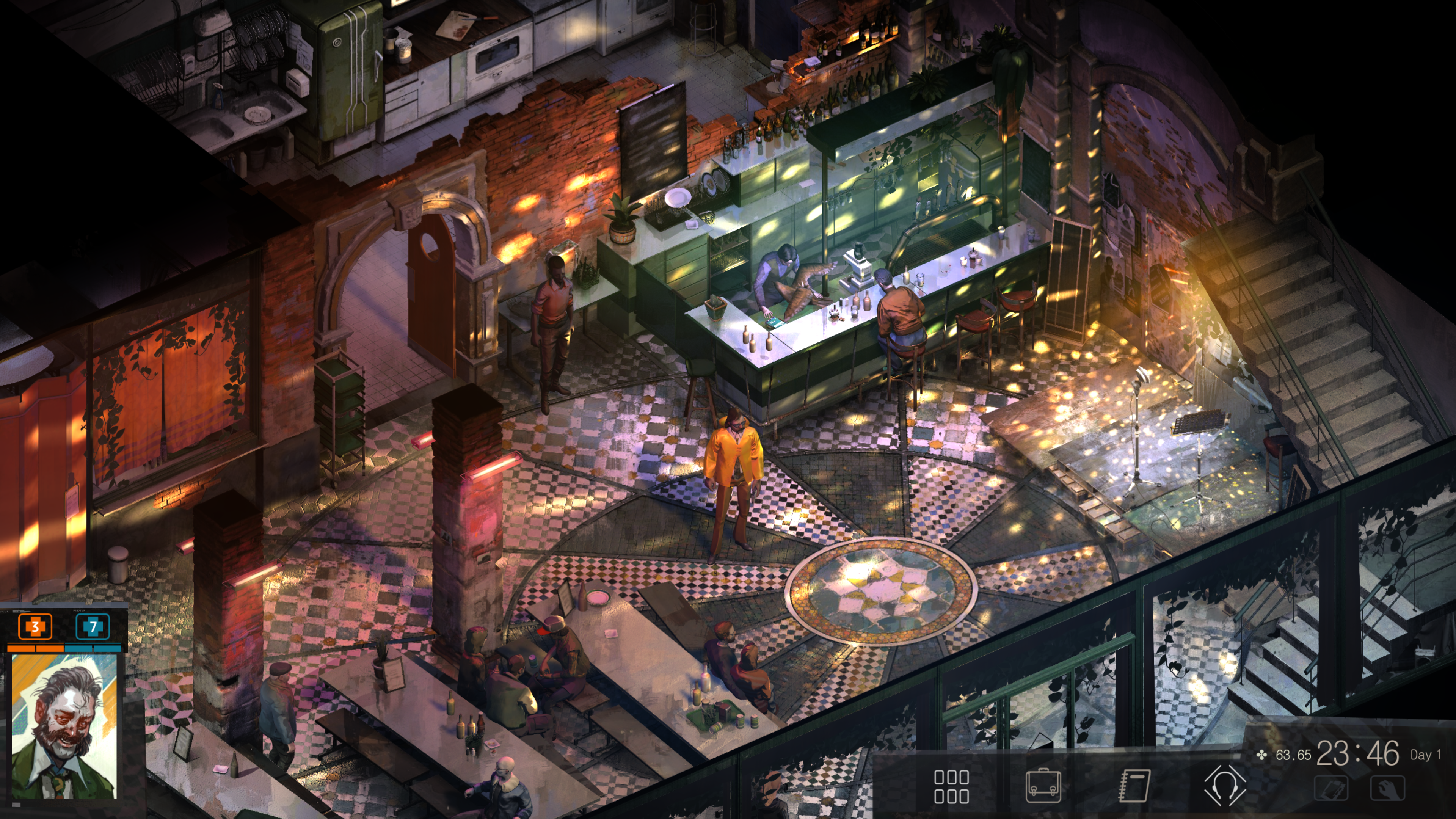 Disco Elysium - The player stands in the Whirling In Rages cafe beneath a disco light