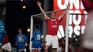 6 April 1995 - European Cup Winners Cup - Arsenal v Sampdoria - Steve Bould of Arsenal scores his second goal. - (Photo by Mark Leech/Offside via Getty Images)