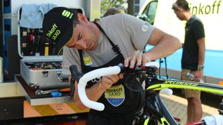 Once everything is finally adjusted, many mechanics go over every bolt again with a preset torque wrench, just to be certain. This is Ivan Basso's bike