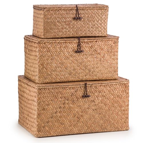 Woodluv Set of 3 Seagrass Storage Box With Lid, Lightweight Woven Basket for Shelves, Lidded Organiser Hamper Baskets, Brown