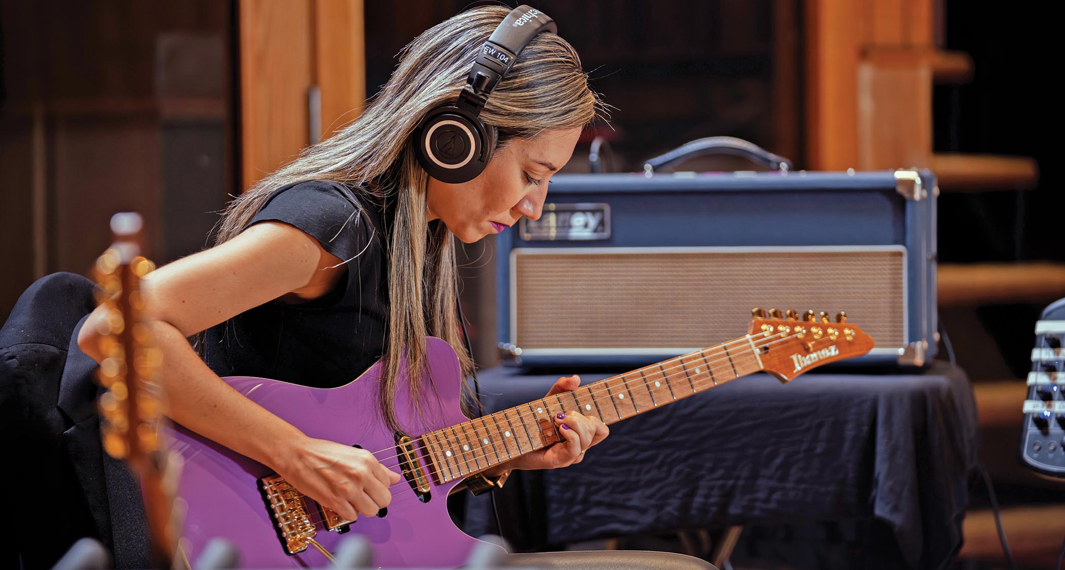 Lari Basilio with her Ibanez lB-1 signature guitar in the studio.