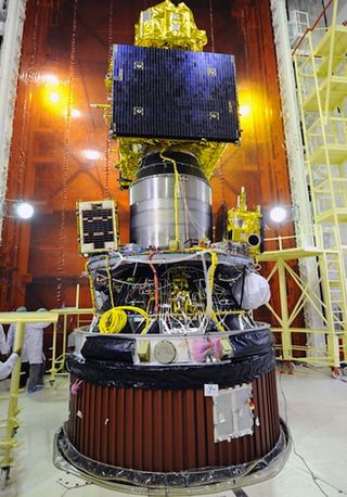 The PSLV's three satellite payloads stacked before the rocket's nose shroud was installed.