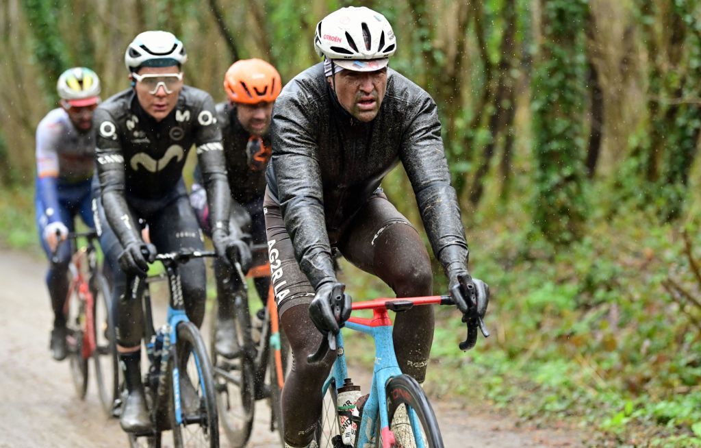 AGR2 Flandrien Greg Van Avermaet leads the breakaway in the rain at Gent-Wevelgem