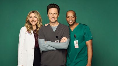 Sarah Chalke, Zach Braff, and Donald Faison against a green backdrop, promoting Scrubs season 10.