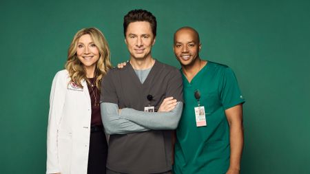 Sarah Chalke, Zach Braff, and Donald Faison against a green backdrop, promoting Scrubs season 10.