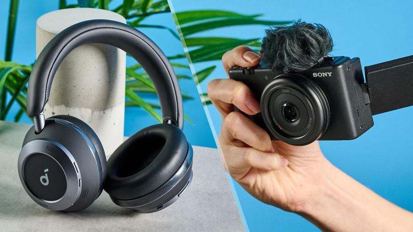 A composite of Soundcore Space One Pro headphones and Sony ZV-1F vlogging camera