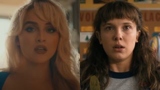 Sabrina Carpenter in the Taste music video. Millie Bobby Brown as Eleven in class in Stranger Things.