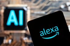Amazon's Alexa logo on smartphone with teal AI letters blurred in background