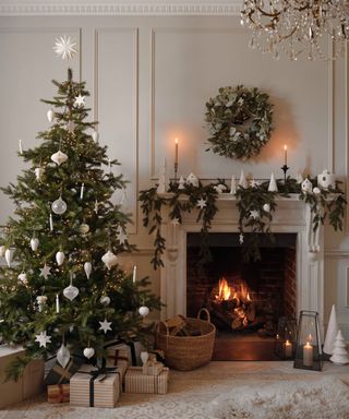 Calming, scand-inspired living room decorated for Christmas