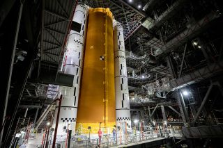 The components for the Space Launch System (SLS) rocket that will launch the Artemis 1 mission is being assembled in the Vehicle Assembly Building at NASA's Kennedy Space Center.