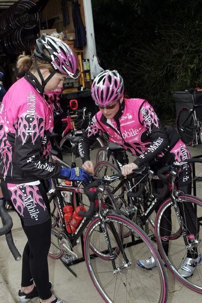 Rebecca Much and Lara Kroepsch get ready to ride.
