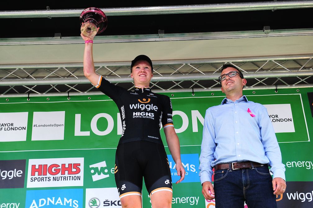 Jolien D'hoore on the podium after her Ovo Energy Women's Tour final stage win