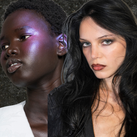 A woman with short black hair and shimmery purple cheeks next to another woman with long black hair smoky eye makeup and lightly tinted red lips. 