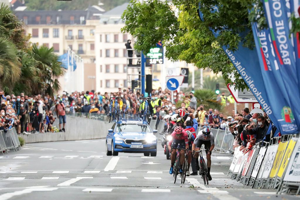 SAN SEBASTIAN SPAIN JULY 31 LR Neilson Powless of United States and Team EF Education Nippo Mikkel Honor of Denmark and Team Deceuninck QuickStep Matej Mohoric of Slovenia and Team Bahrain Victorious sprint at finish line during the 41st Donostia San Sebastian Klasikoa 2021 a 2235km race from DonostiaSan Sebastian to DonostiaSan Sebastian Klasikoa on July 31 2021 in San Sebastian Spain Photo by Gonzalo Arroyo MorenoGetty Images