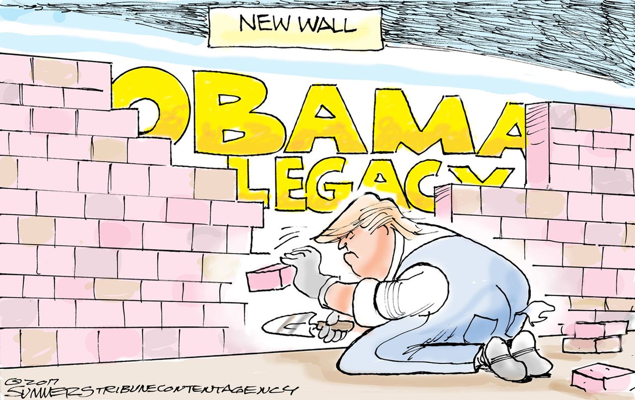 Political cartoon U.S. Obama legacy Trump wall health care