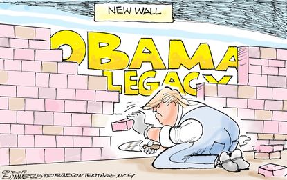 Political cartoon U.S. Obama legacy Trump wall health care