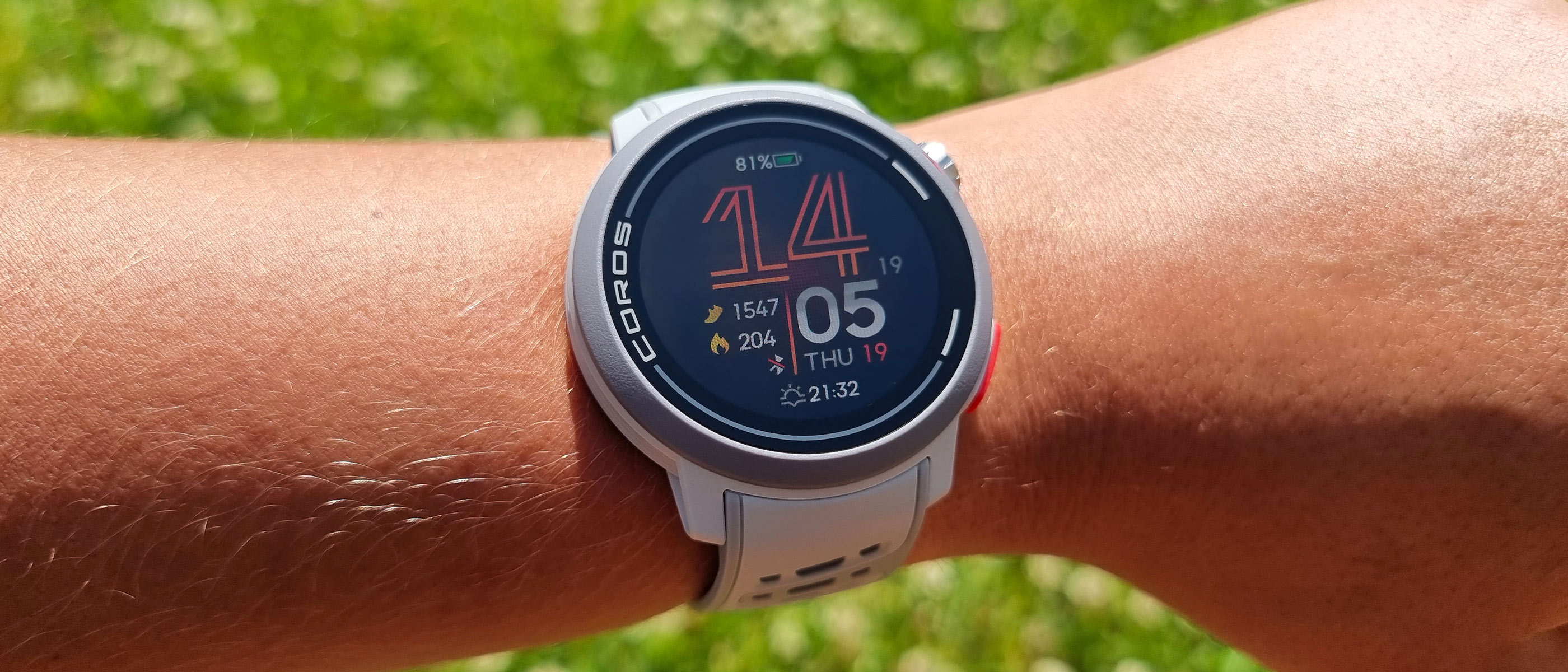 A close-up picture of our reviewer wearing the Coros Pace Pro watch