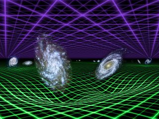 an illustration of two galaxies on their sides, in a web of lines meant to illustrate dark energy