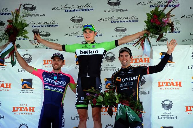Tour of Utah stage 3 podium: Moreno Hofland (Belkin), Andrea Palini (Lampre - Merida) and Eric Young (Optum)