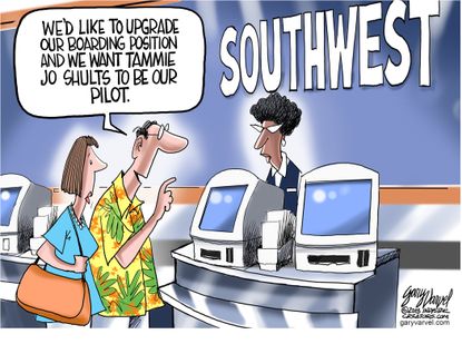 Editorial cartoon U.S. Southwest engine failure Tammie Jo Shults heroism