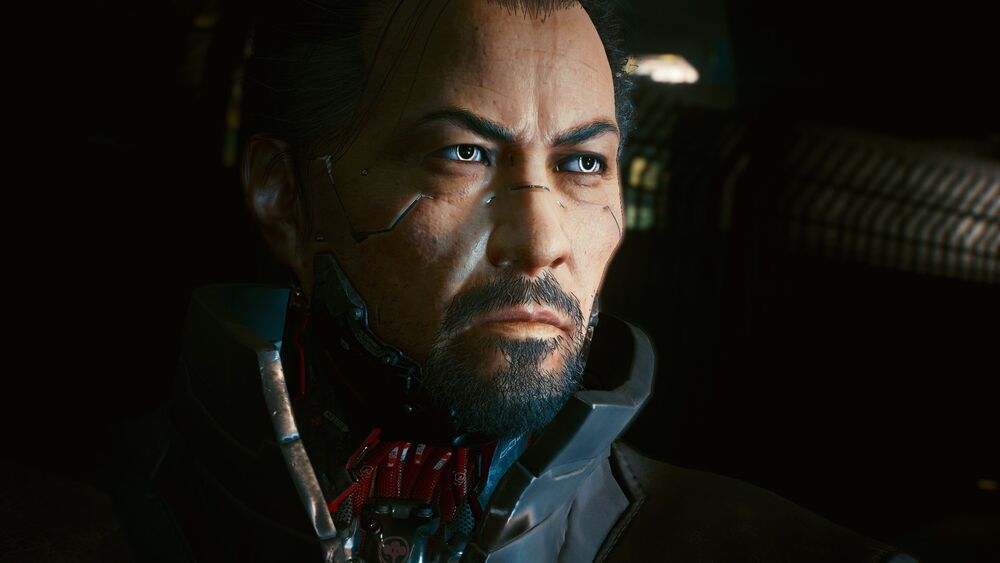 Goro Takemura from Cyberpunk 2077. His neck is robotic.