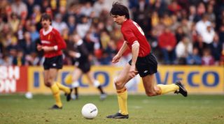 WATFORD, UNITED KINGDOM - MARCH 31: Liverpool centre back pairing Mark Lawrenson (l) and Alan Hansen in action during a League Division One match between Watford and Liverpool at Vicarage Road on March 31, 1984 in Watford, England. (Photo by David Cannon/Allsport/Getty Images)